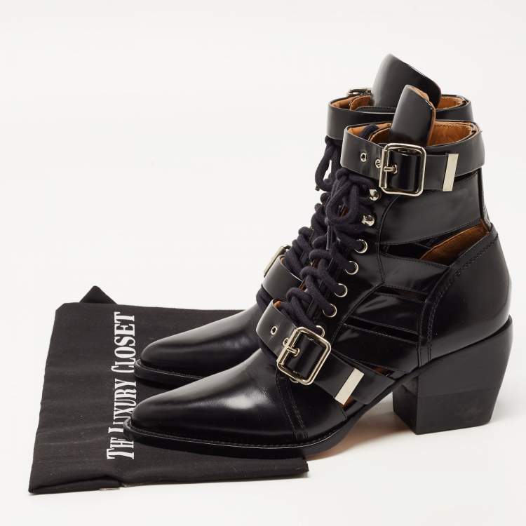 Pre Owned Chloe Black Leather Rylee  Buckle Detail Ankle Boots Size 39