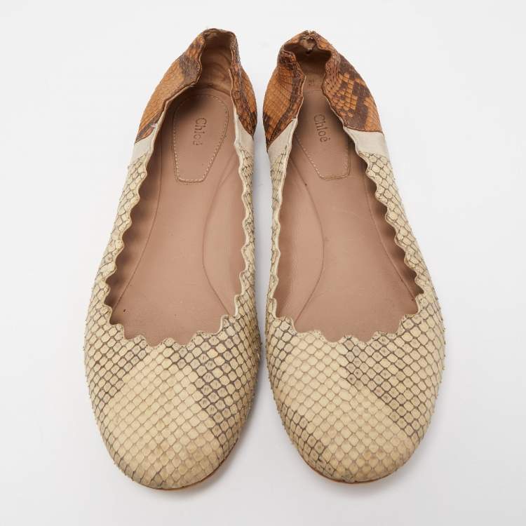 Pre Owned Chloe Cream/Brown Python Scalloped Accent Ballet Flats Size 38