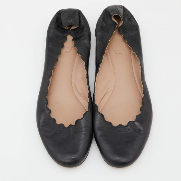 Pre Owned Chloe Black Scalloped Leather Lauren Ballet Flats Size 38.5