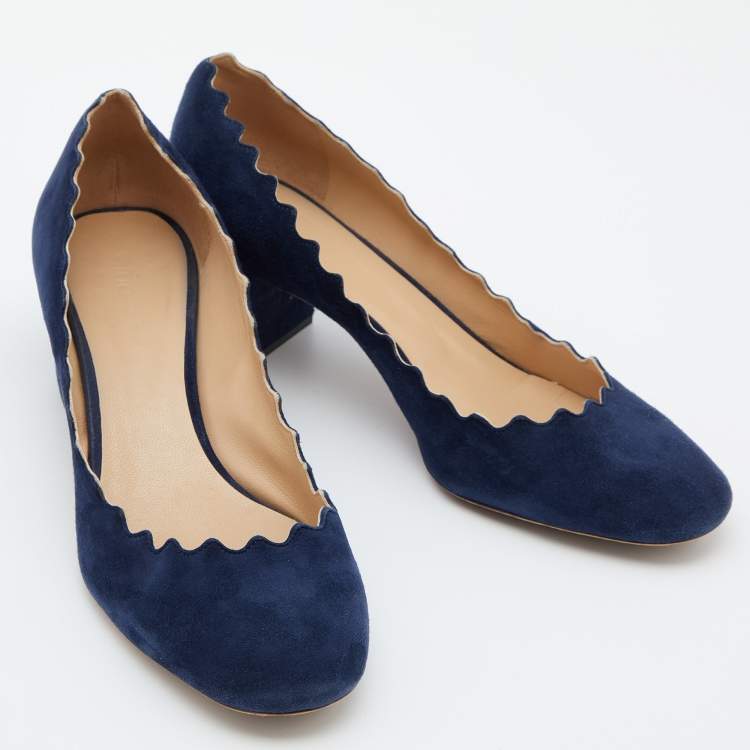 Pre Owned  Chloe Blue Suede Laurena Scalloped Block Heel Pumps Size 39