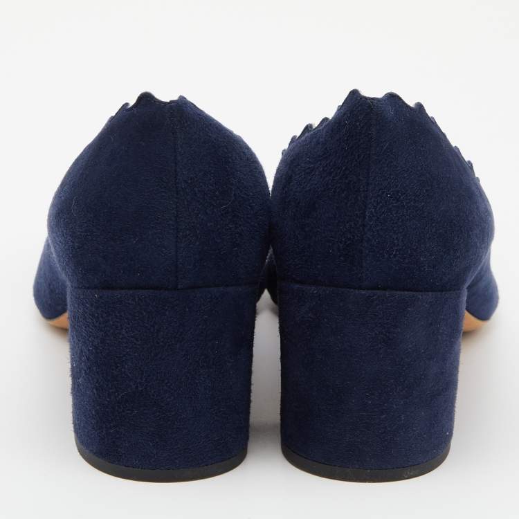 Pre Owned  Chloe Blue Suede Laurena Scalloped Block Heel Pumps Size 39