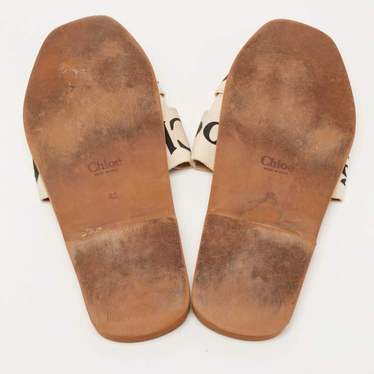 Pre Owned Chloe Beige Canvas Logo Ribbon Woody Flat Slides Size 42