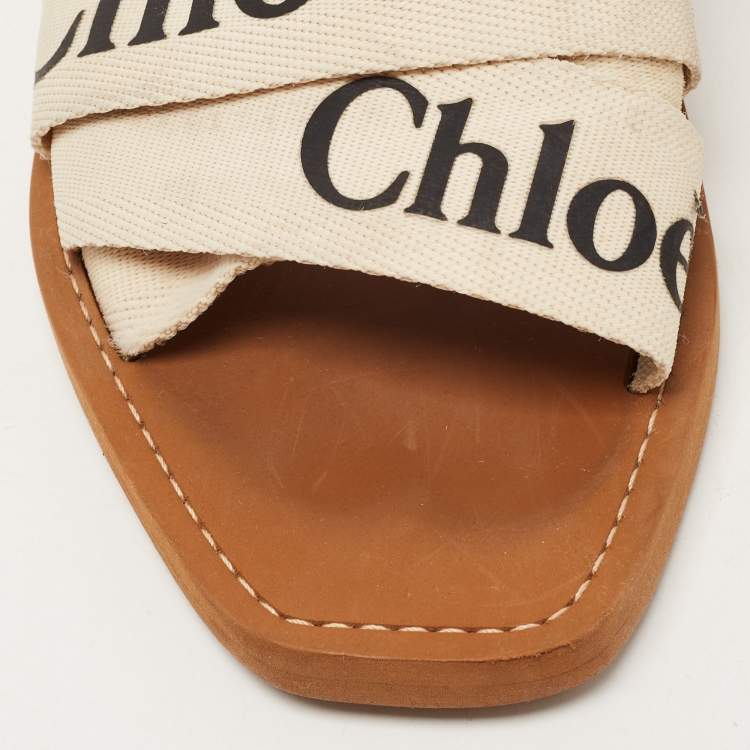Pre Owned Chloe Beige Canvas Logo Ribbon Woody Flat Slides Size 42