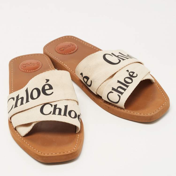Pre Owned Chloe Beige Canvas Logo Ribbon Woody Flat Slides Size 42
