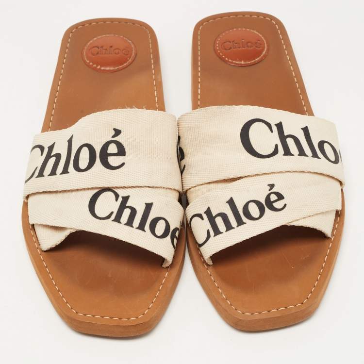 Pre Owned Chloe Beige Canvas Logo Ribbon Woody Flat Slides Size 42