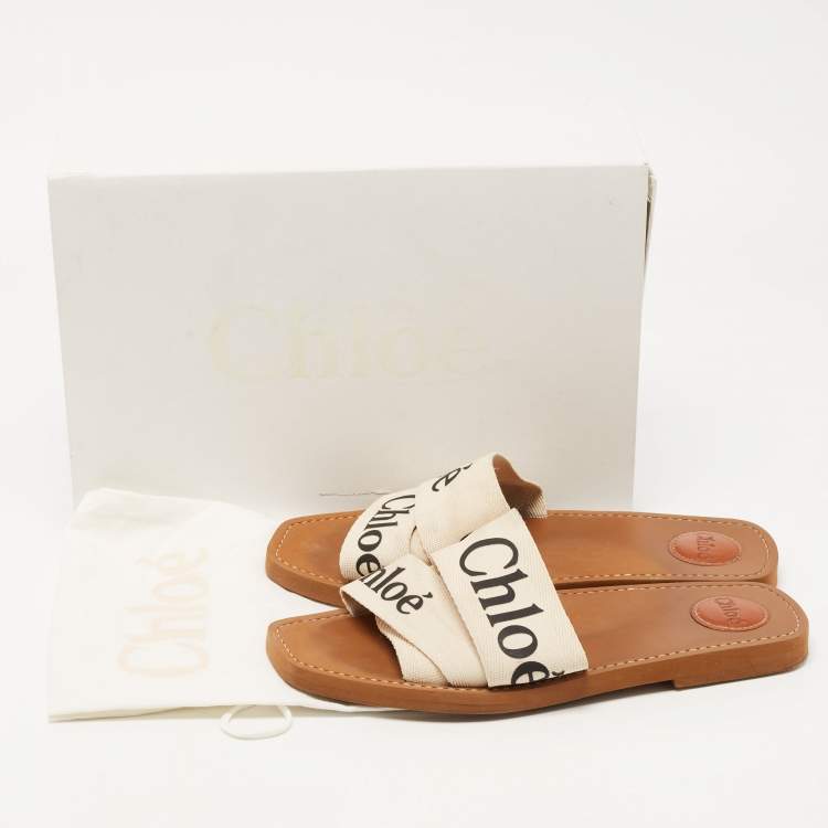 Pre Owned Chloe Beige Canvas Logo Ribbon Woody Flat Slides Size 42