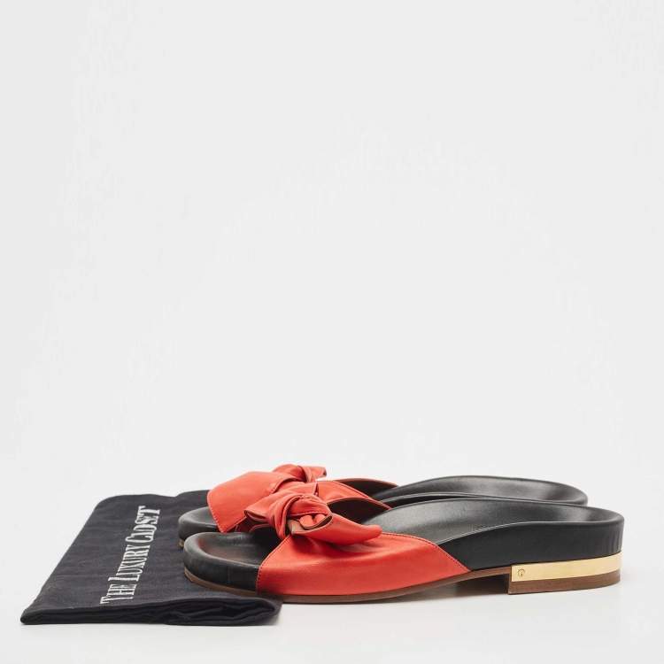 Pre Owned Chloé Red Leather Emily Knotted Bow Detail Flat Slides Size 39