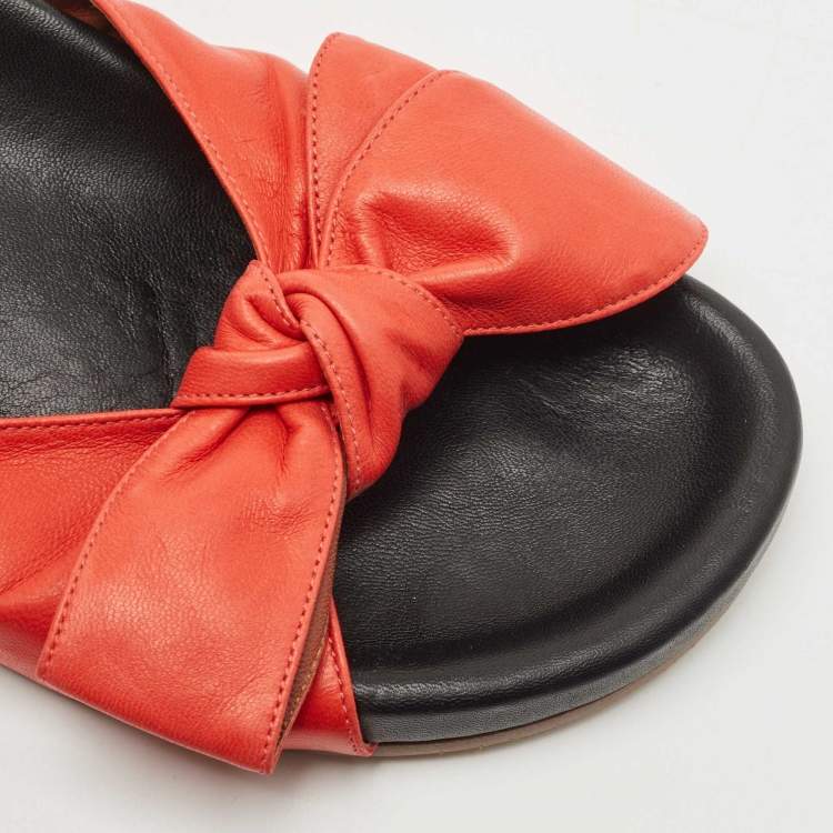 Pre Owned Chloé Red Leather Emily Knotted Bow Detail Flat Slides Size 39