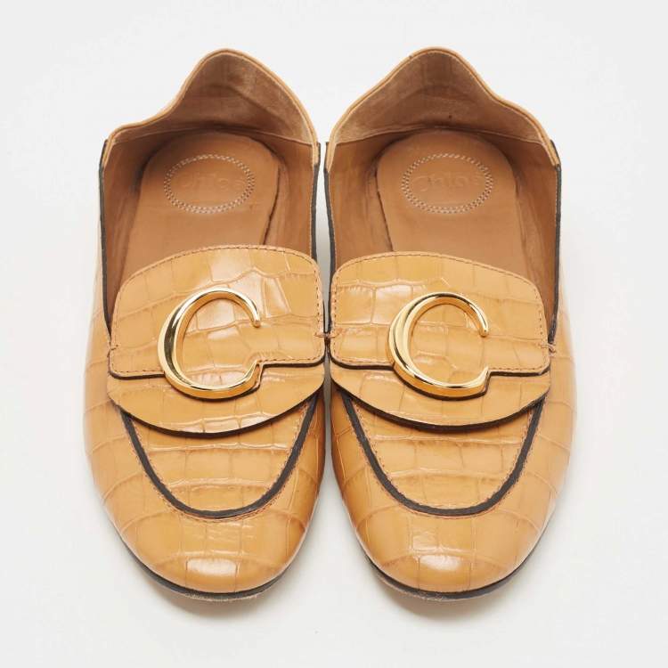 Pre Owned Chloe Tan Croc Embossed Leather C Logo Loafers Size 40