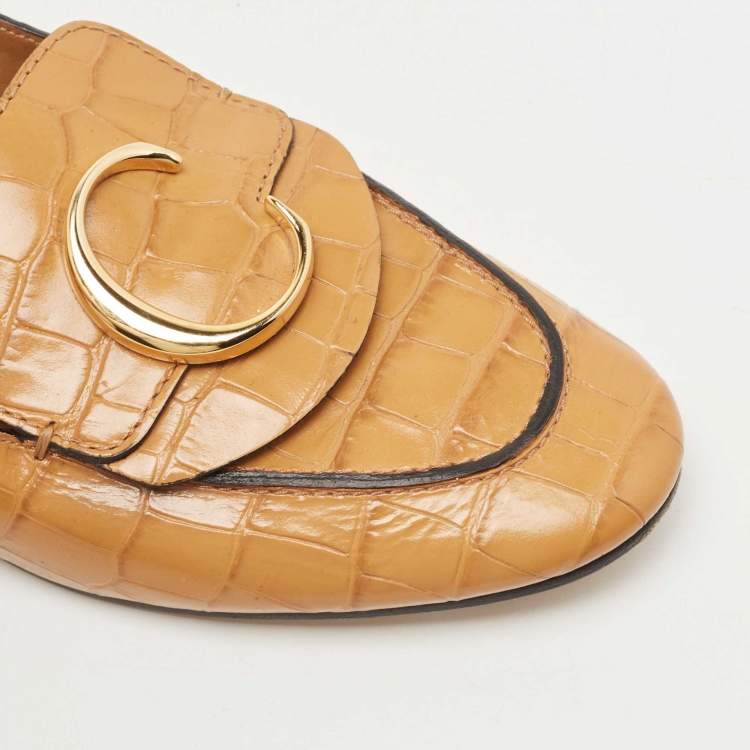 Pre Owned Chloe Tan Croc Embossed Leather C Logo Loafers Size 40