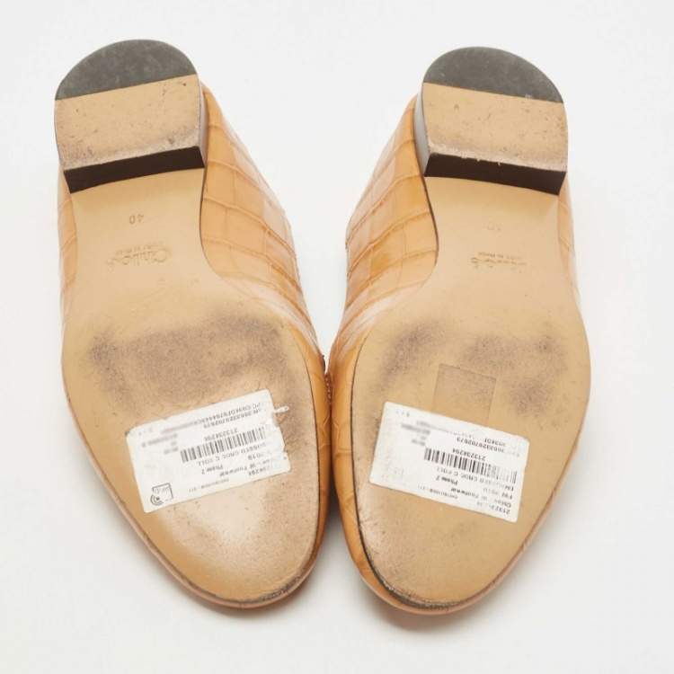 Pre Owned Chloe Tan Croc Embossed Leather C Logo Loafers Size 40