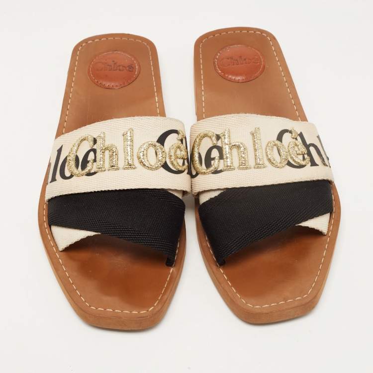 Pre Owned Chloe Beige/Black Canvas Embroidered Logo Woody Flat Slides Size 39