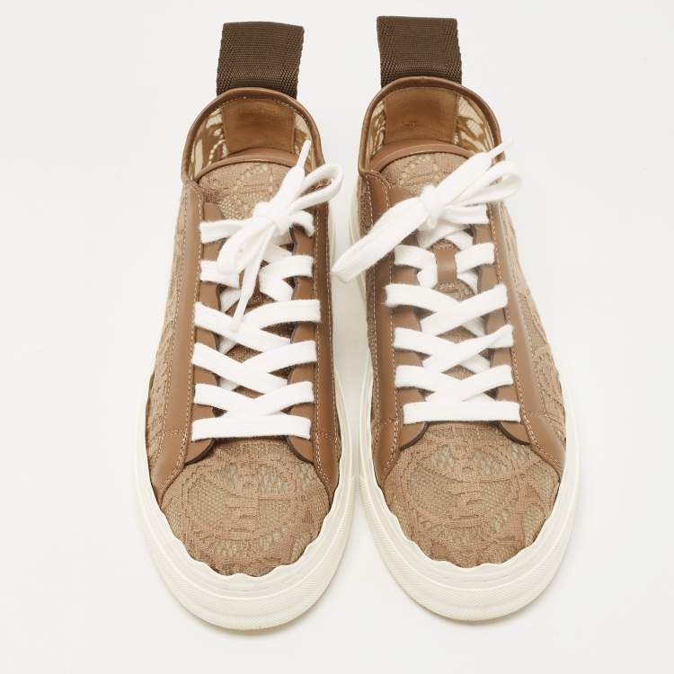 مملوكة مسبقًا Chloe Brown Lace and Leather Lauren Sneakers Size 39