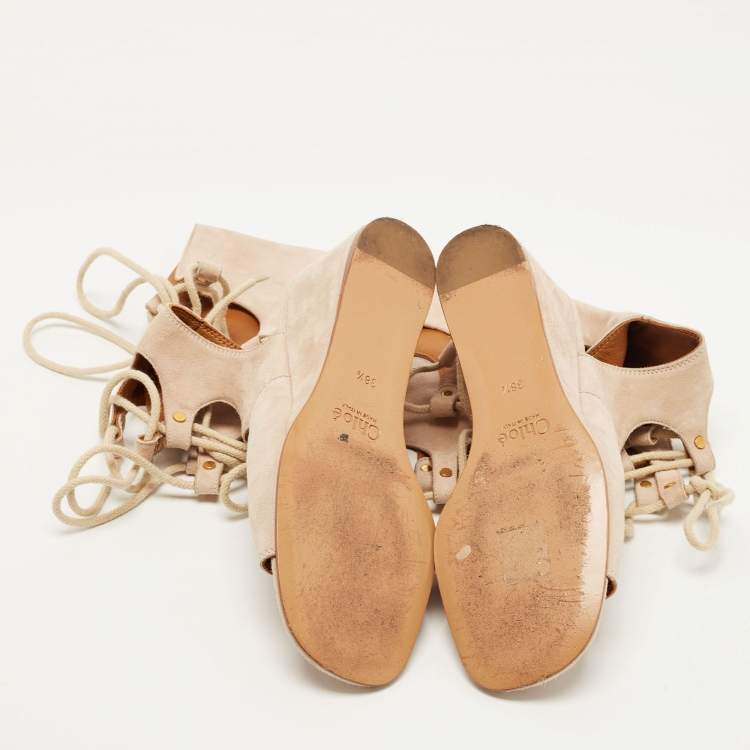 Pre Owned Chloe Beige Suede Gladiator Wedge Ankle Wrap Sandals Size 38.5
