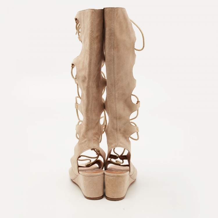 Pre Owned Chloe Beige Suede Gladiator Wedge Ankle Wrap Sandals Size 38.5