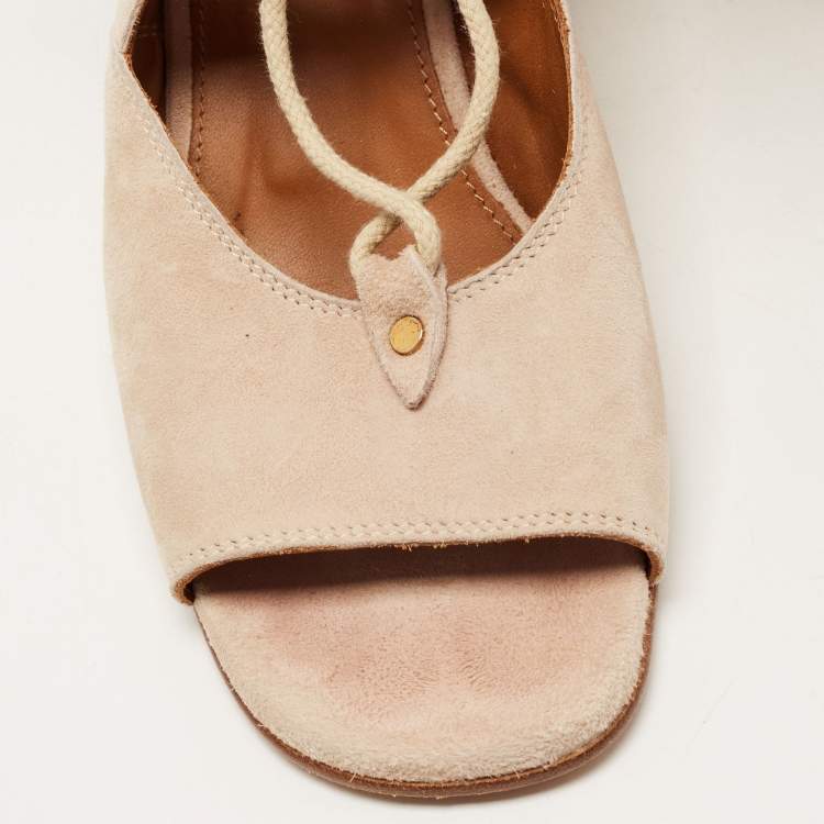 Pre Owned Chloe Beige Suede Gladiator Wedge Ankle Wrap Sandals Size 38.5