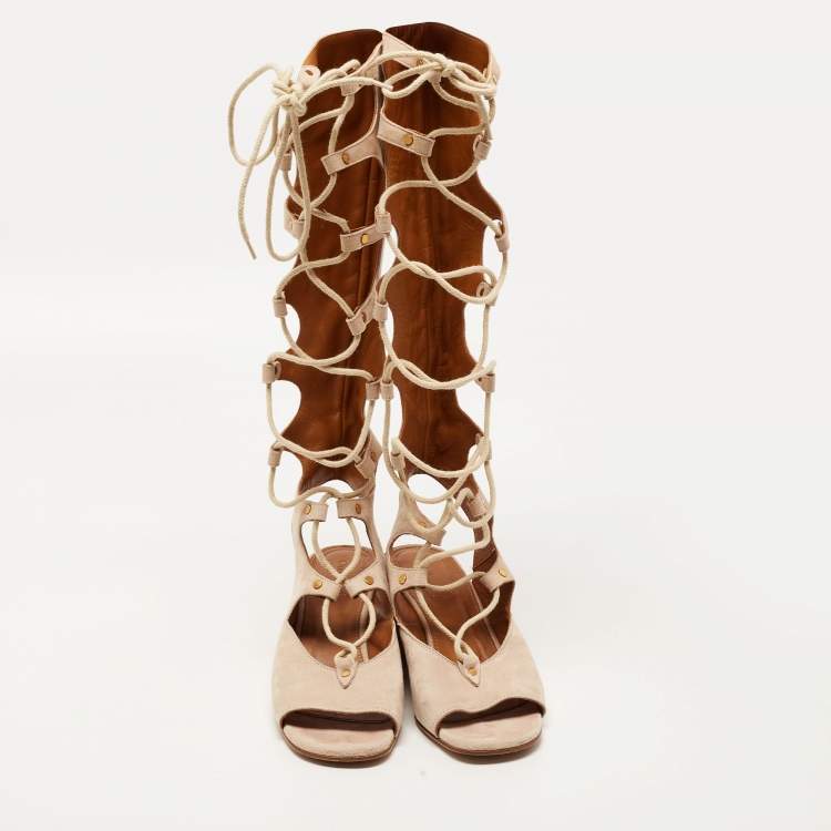 Pre Owned Chloe Beige Suede Gladiator Wedge Ankle Wrap Sandals Size 38.5