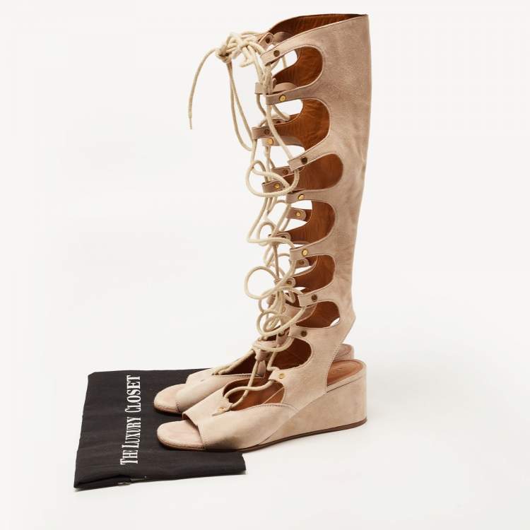 Pre Owned Chloe Beige Suede Gladiator Wedge Ankle Wrap Sandals Size 38.5