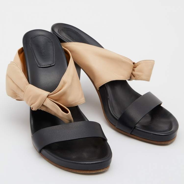 Pre Owned Chloe Black/Beige Leather Fod Flower Block Heel Sandals Size 40