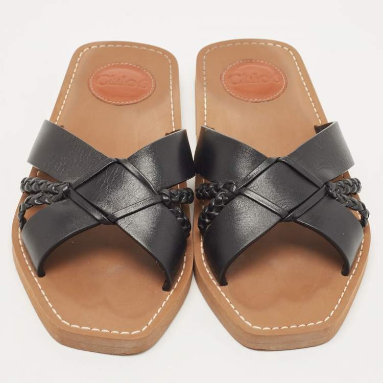 Pre Owned Chloe Black Leather Cross Strap Woody Flat Slides Size 36