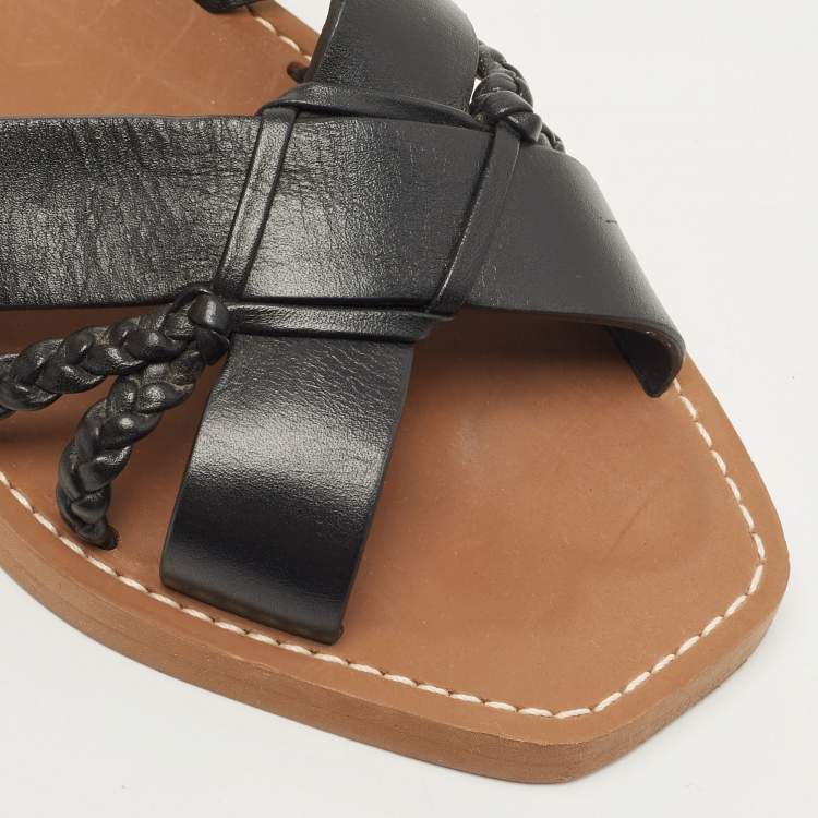 Pre Owned Chloe Black Leather Cross Strap Woody Flat Slides Size 36