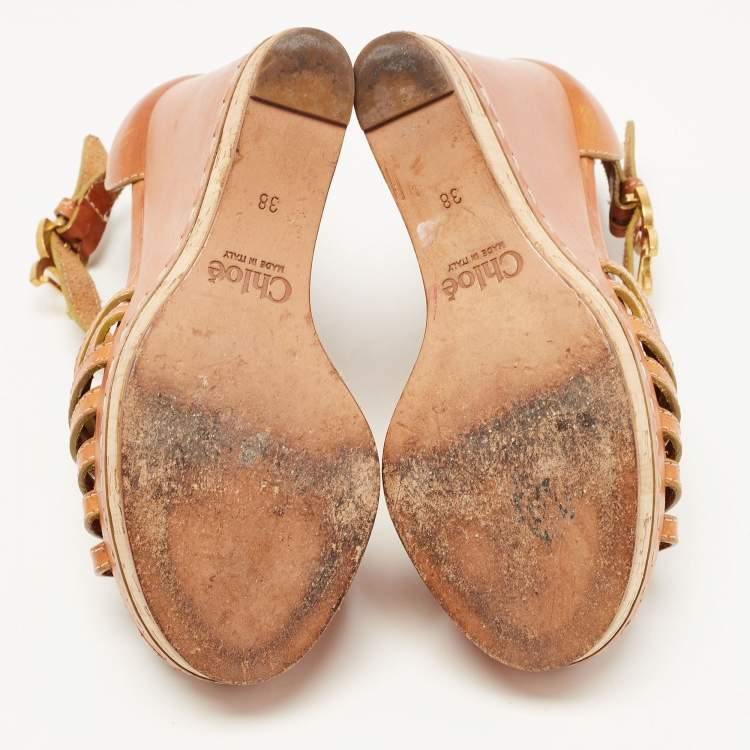 Pre Owned Chloe Brown Leather Buckle Detail Platform Wedge Ankle Strap Sandals Size 38