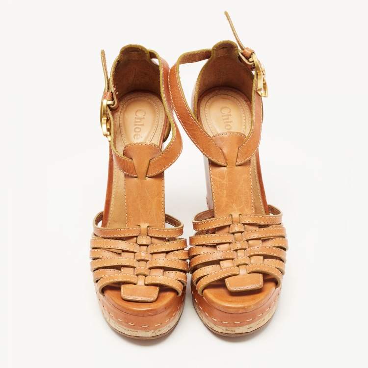 Pre Owned Chloe Brown Leather Buckle Detail Platform Wedge Ankle Strap Sandals Size 38