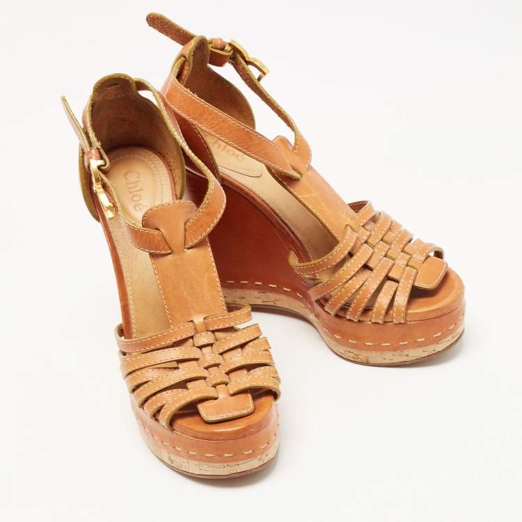 Pre Owned Chloe Brown Leather Buckle Detail Platform Wedge Ankle Strap Sandals Size 38