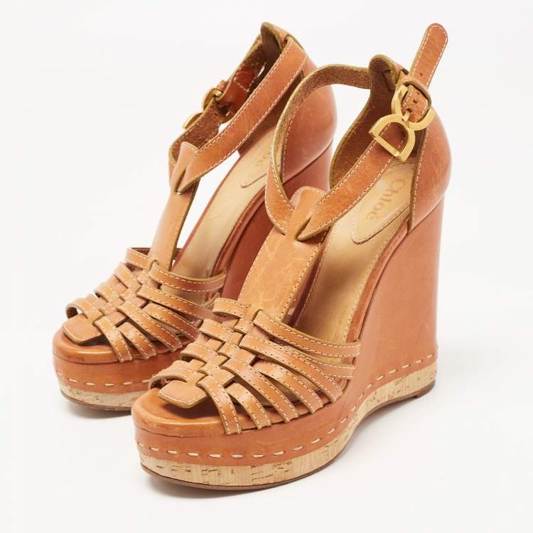 Pre Owned Chloe Brown Leather Buckle Detail Platform Wedge Ankle Strap Sandals Size 38