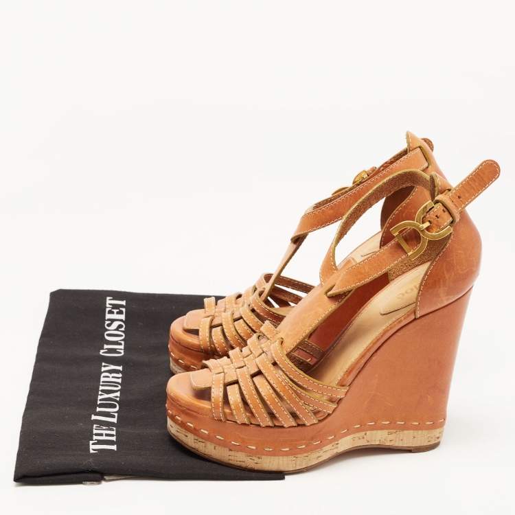 Pre Owned Chloe Brown Leather Buckle Detail Platform Wedge Ankle Strap Sandals Size 38
