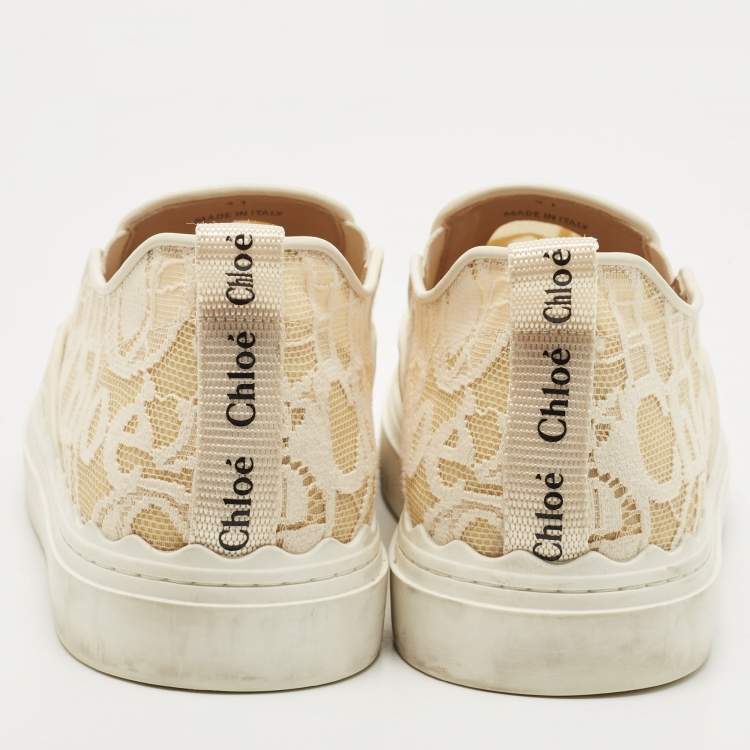 Pre Owned Chloe Beige/White Lace and Leather Lauren  Slip On Sneakers Size 41