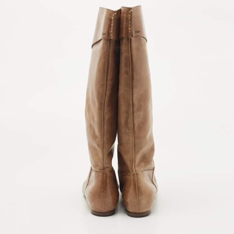 Pre Owned Chloe Brown Leather Knee Length Boots Size 36