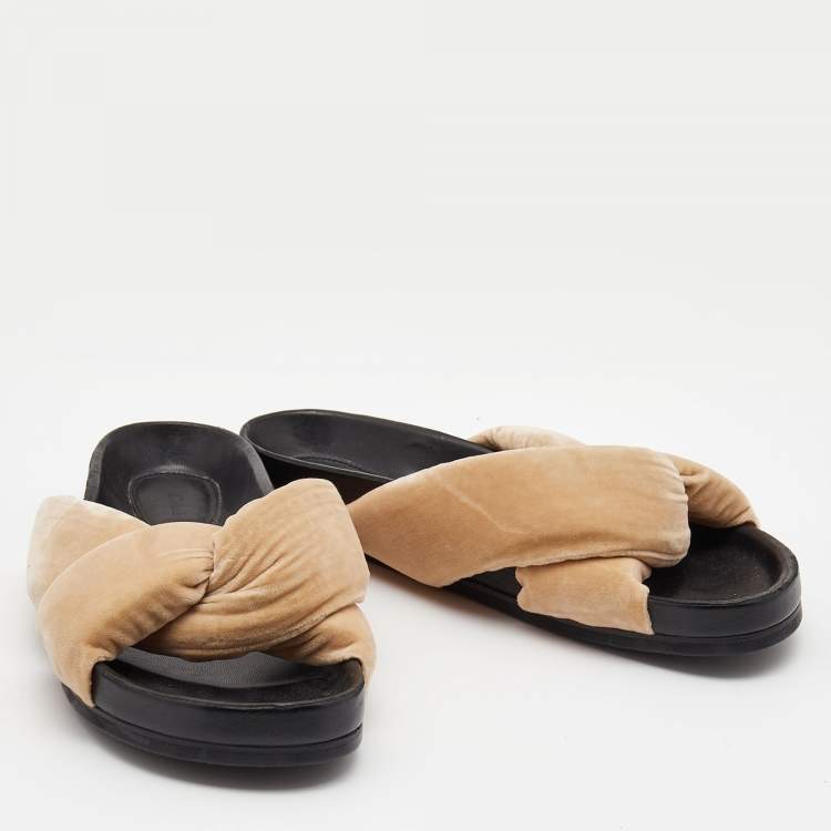 Pre Owned Chloe Beige Velvet Nolan Flat Slides Size 39