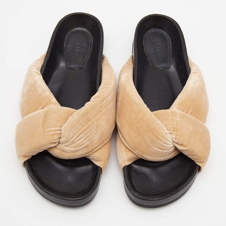 Pre Owned Chloe Beige Velvet Nolan Flat Slides Size 39