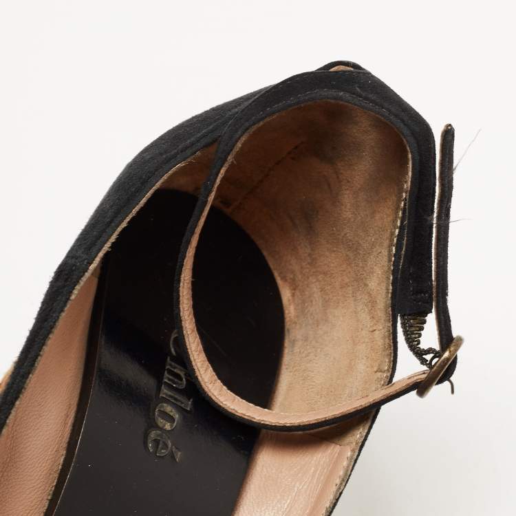 Pre Owned Chloe Black Suede Peep Toe Ankle Strap Printed Wedge Sandals Size 38