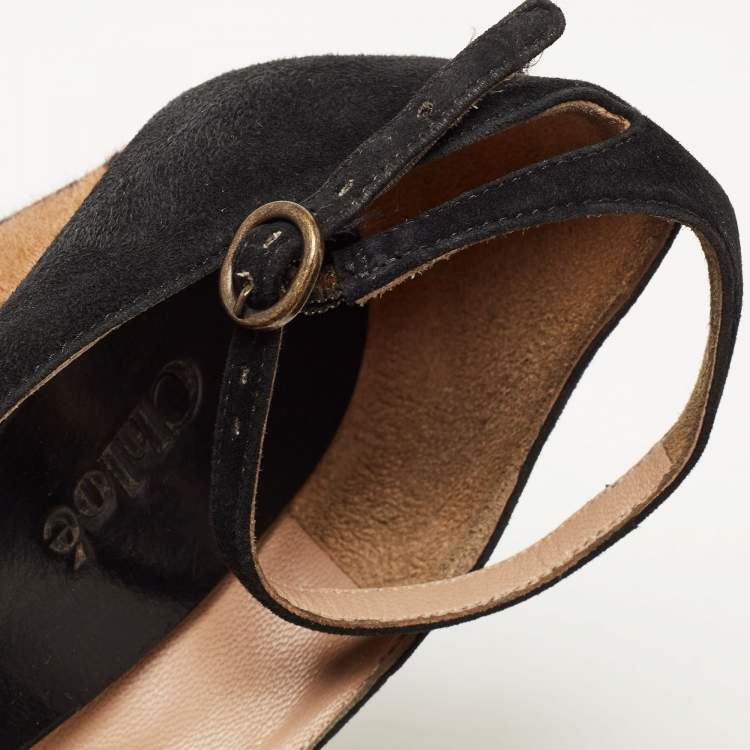 Pre Owned Chloe Black Suede Peep Toe Ankle Strap Printed Wedge Sandals Size 38