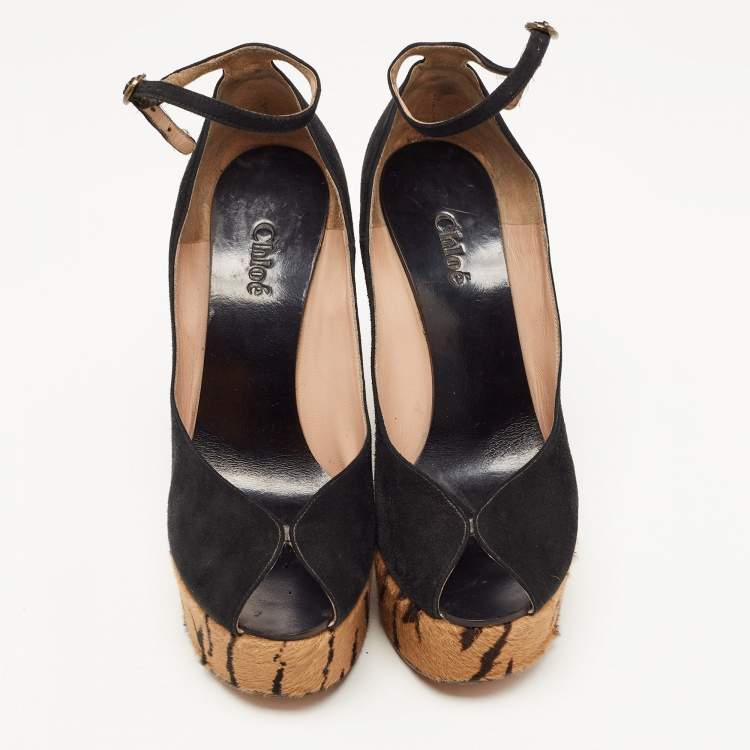Pre Owned Chloe Black Suede Peep Toe Ankle Strap Printed Wedge Sandals Size 38