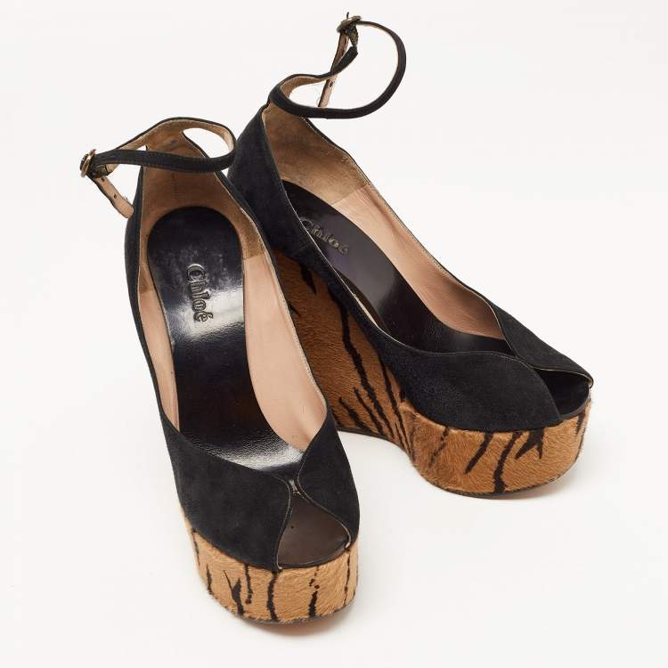 Pre Owned Chloe Black Suede Peep Toe Ankle Strap Printed Wedge Sandals Size 38