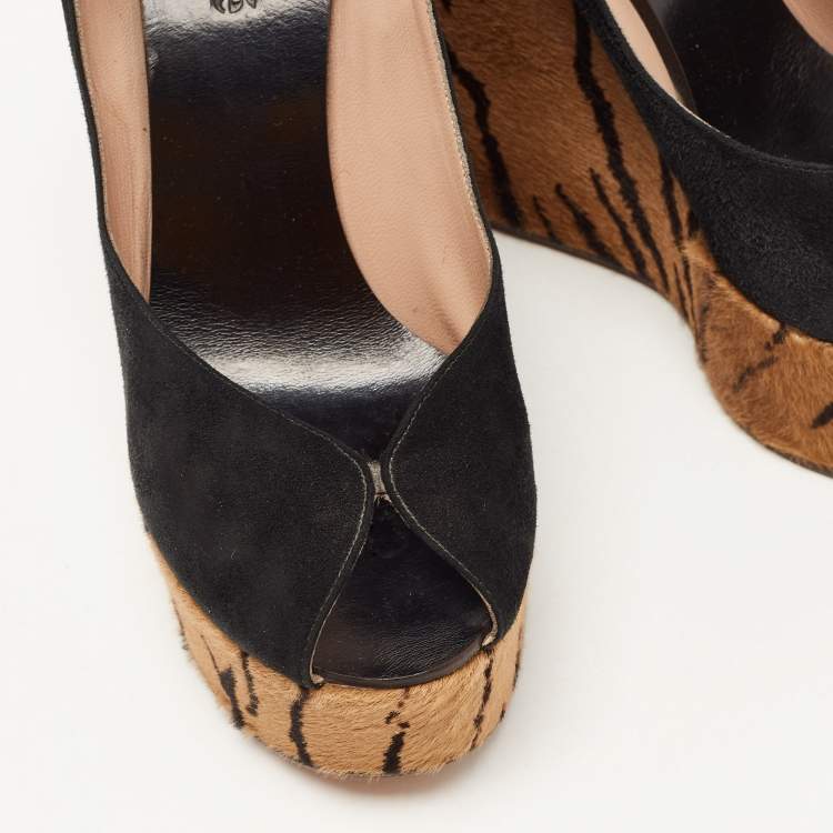 Pre Owned Chloe Black Suede Peep Toe Ankle Strap Printed Wedge Sandals Size 38