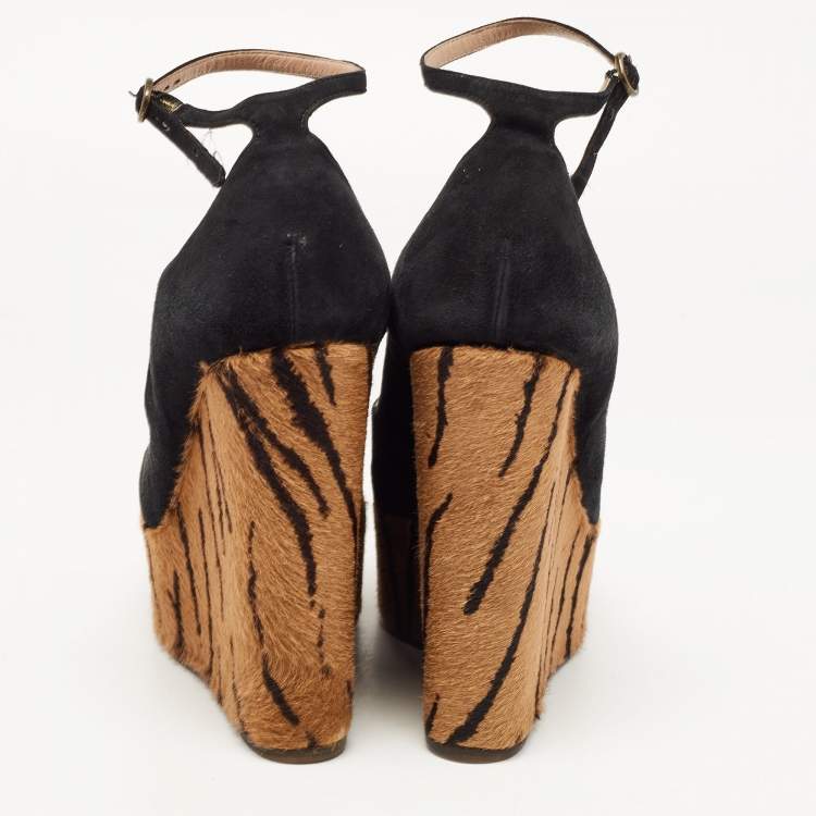 Pre Owned Chloe Black Suede Peep Toe Ankle Strap Printed Wedge Sandals Size 38