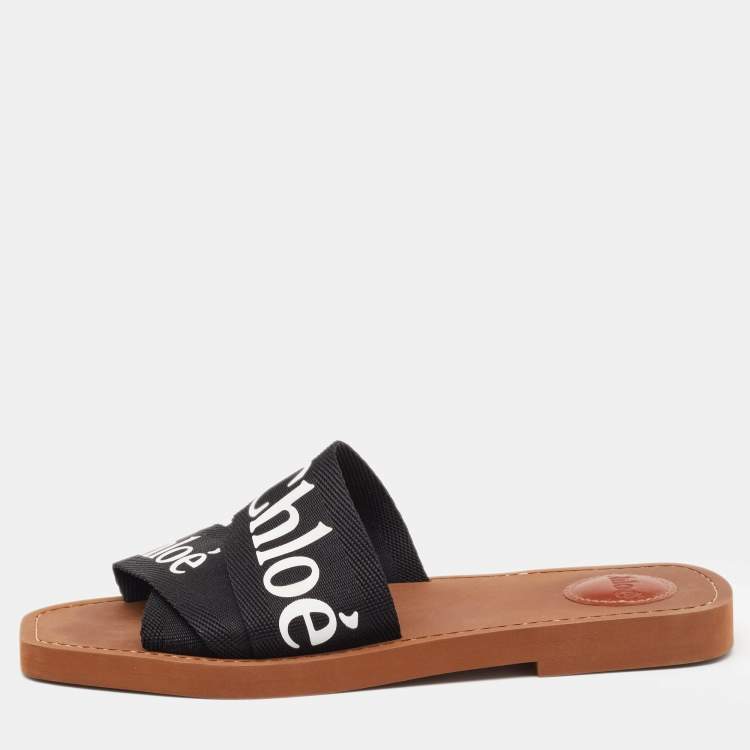 Pre Owned Chloe Black Canvas Embroidered Logo Woody Flat Slides Size 39