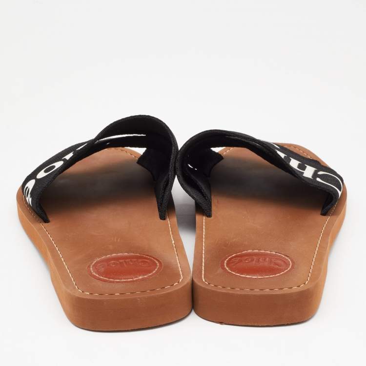 Pre Owned Chloe Black Canvas Embroidered Logo Woody Flat Slides Size 39