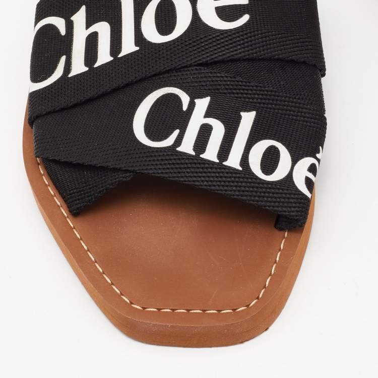 Pre Owned Chloe Black Canvas Embroidered Logo Woody Flat Slides Size 39