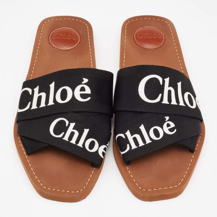 Pre Owned Chloe Black Canvas Embroidered Logo Woody Flat Slides Size 39