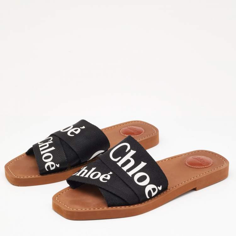 Pre Owned Chloe Black Canvas Embroidered Logo Woody Flat Slides Size 39