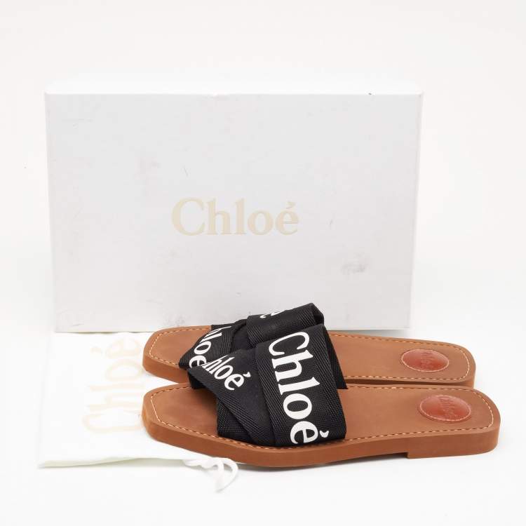Pre Owned Chloe Black Canvas Embroidered Logo Woody Flat Slides Size 39