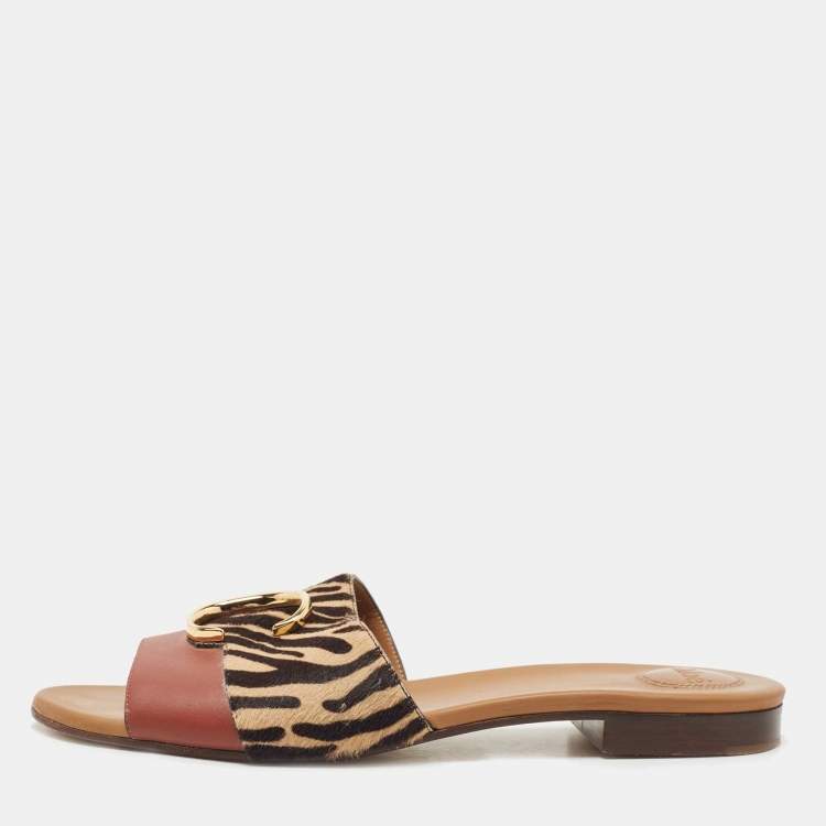 Pre Owned Chloe Tricolor Leather and Animal Print Calf Hair Flat Slides Size 42