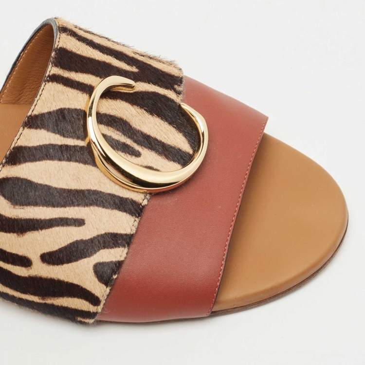 Pre Owned Chloe Tricolor Leather and Animal Print Calf Hair Flat Slides Size 42