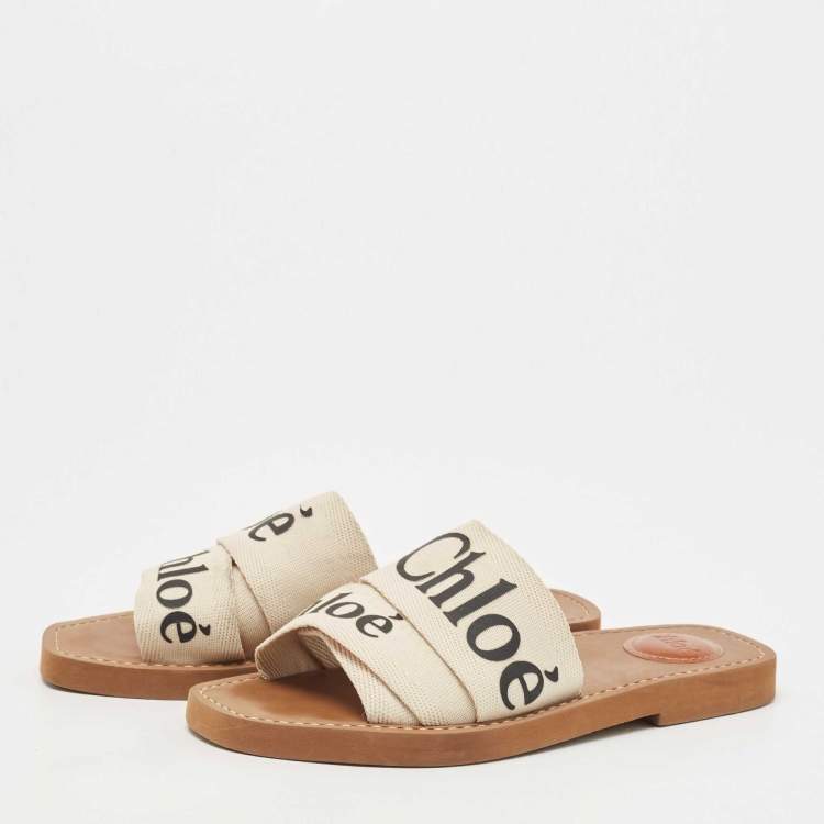 Pre Owned Chloé Off White Logo Canvas Woody Flat Slides Size 36