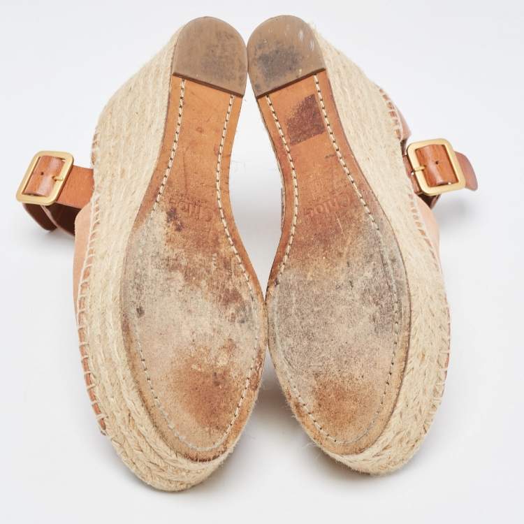 Pre Owned Chloe Tan Leather Wedge Platform Ankle Strap Sandals Size 39
